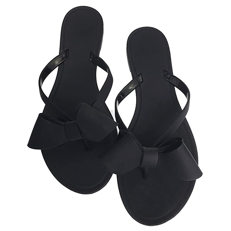 Mtzyoa Women Flip-Flops Bow Flat Sandals Beach Jelly Cute Rain Black Size 9 Ladies Summer Casual Waterproof - Image 1